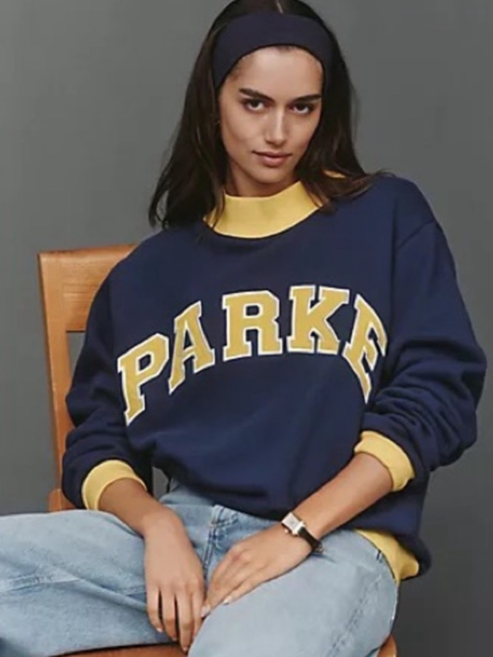 PARKE Varsity Mockneck Sweatshirt Navy & Yellow Size L/XL Cozy Vintage Style